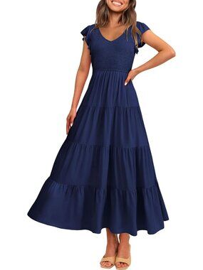Women's Navy Blue Summer Flowy Maxi Dress Casual Cap Sleeve V Neck Smocked Beach